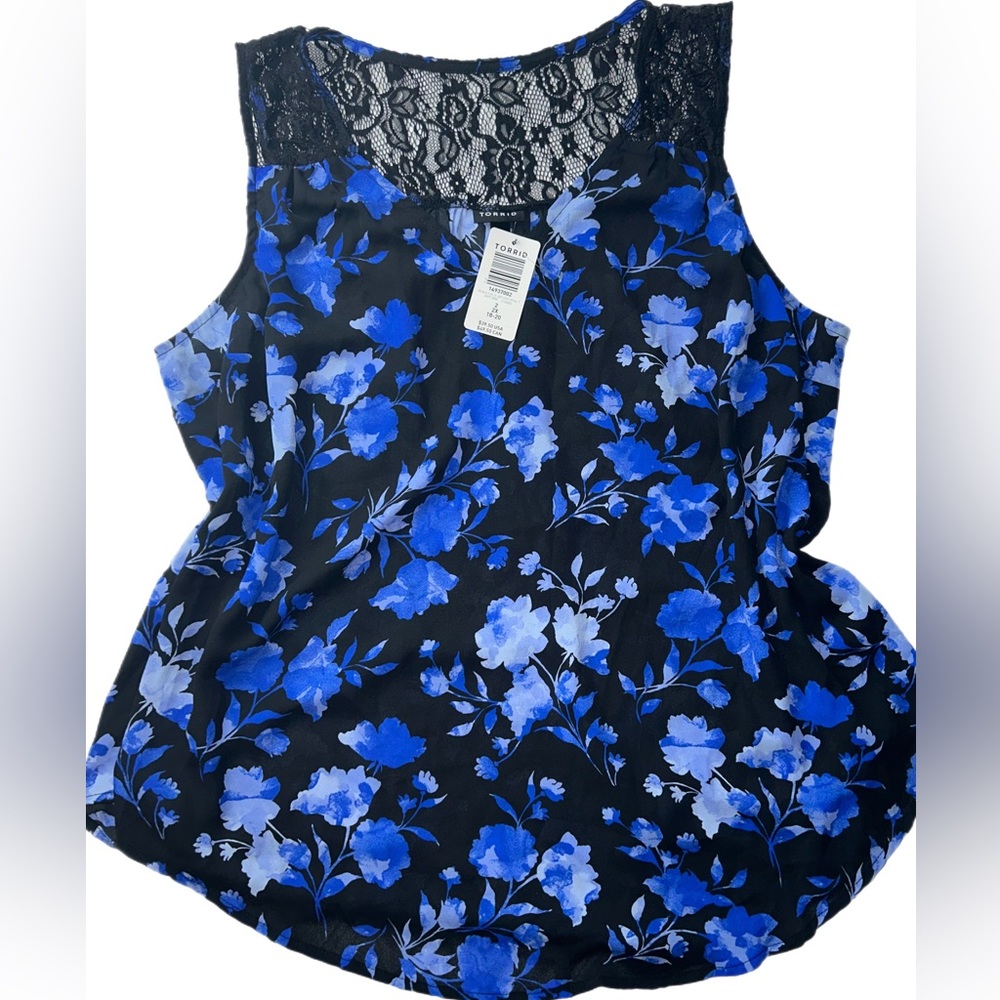NWT Torrid Sleeveless Blouse Shirt Top Tank Black & Blue Sz 2 Lace Detail